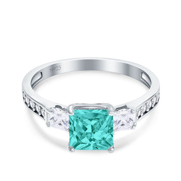 Princess Cut Art Deco Wedding Ring Simulated Paraiba Tourmaline CZ 925 Sterling Silver